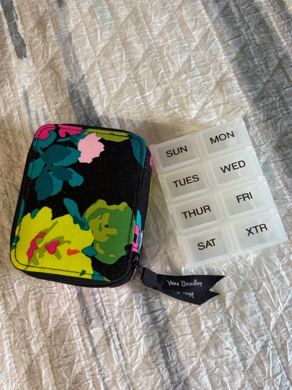 Vera Bradley Black Floral Zip small daily pill organizer-Green and Pink Accents